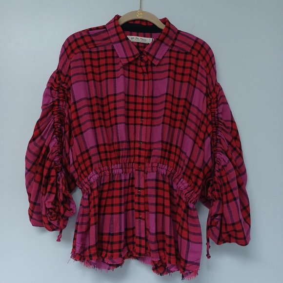 SOLD!--We The Free Pacific Dawn Pink Red Plaid Ruched Sleeve Shirt, Wool/ Small - Picture 2 of 9
